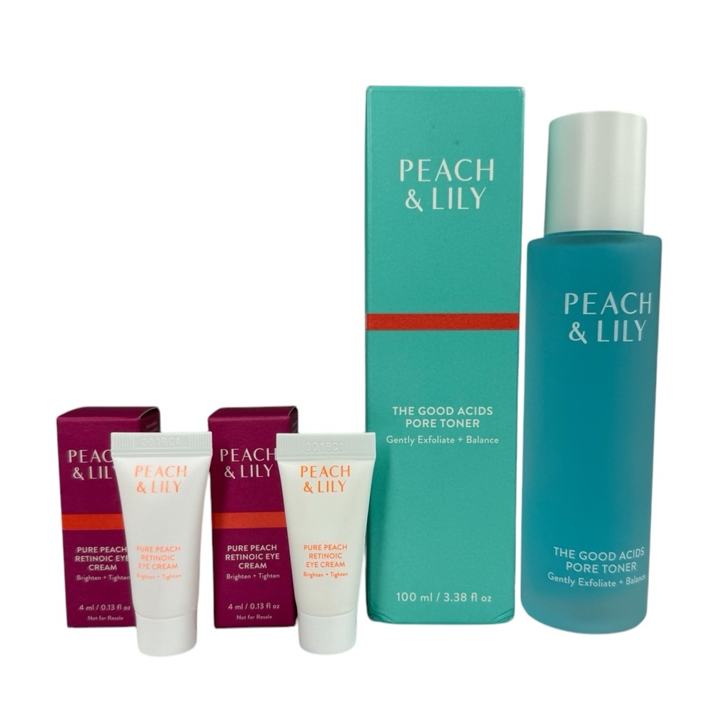 🍑 NEW 3 Pc Peach & Lily The Good Acids Pore Toner & Pure Retinoic Eye Cream Set